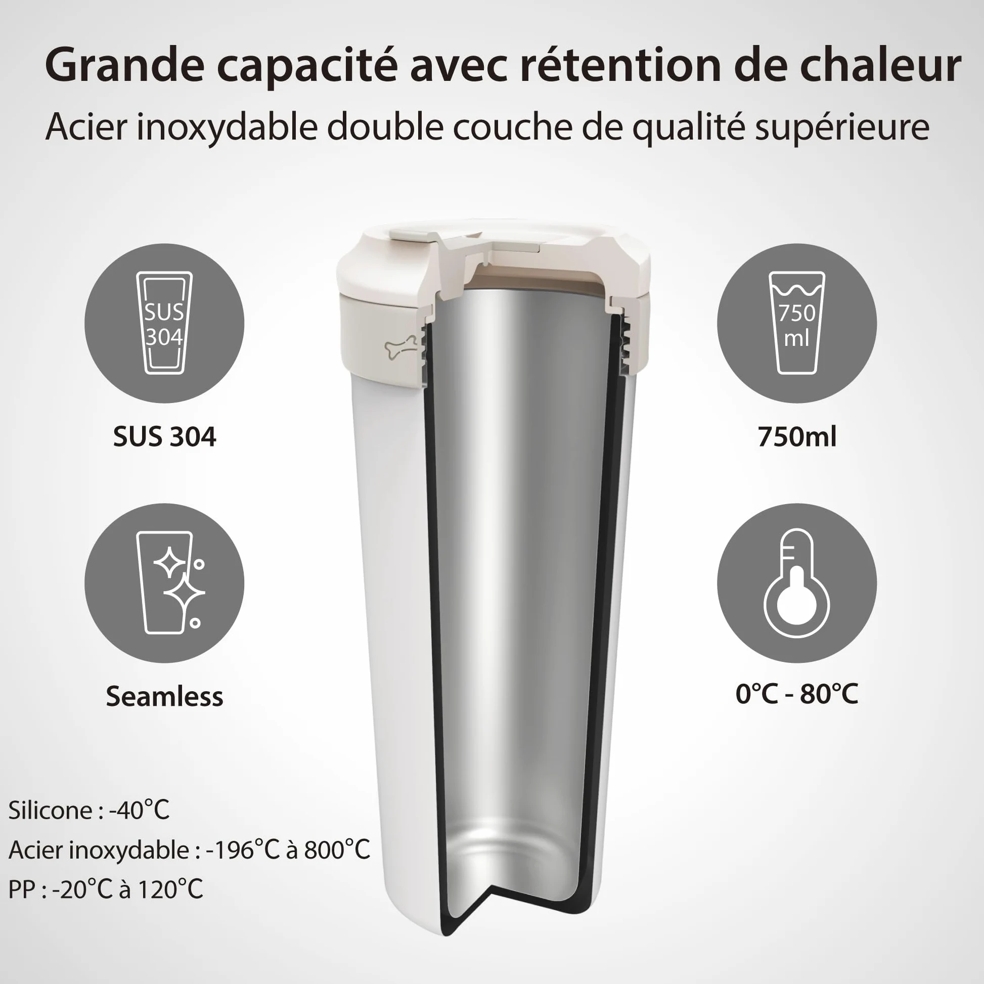 Bone Insulated Travel Tumbler,Tasse Isotherme de Voyage 750 ml – Gourde Thermos en Acier Inoxydable, Antifuite, Sans BPA, Gobelet Réutilisable pour Boissons Chaudes et Froides avec Couvercle
