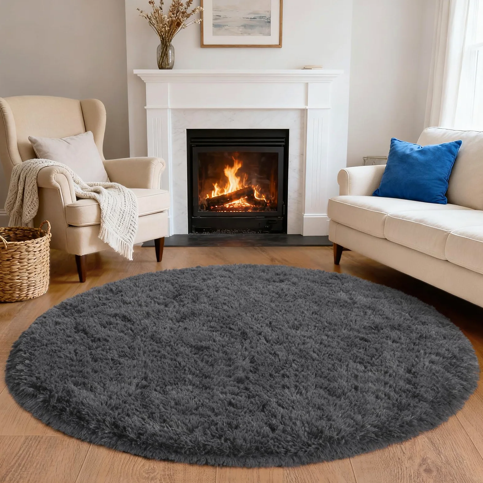 Tapis rond à poils longs pour chambre à coucher, salon, dortoir, gris foncé, blanc, 160 cm