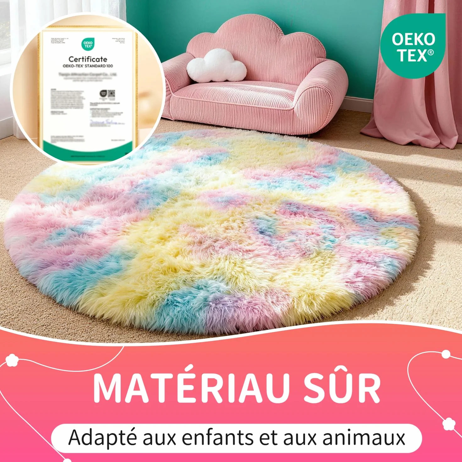 Tapis Rond 120 CM Arc-en-Ciel Lavable Antidérapant Ultra-Doux Fille Chambre