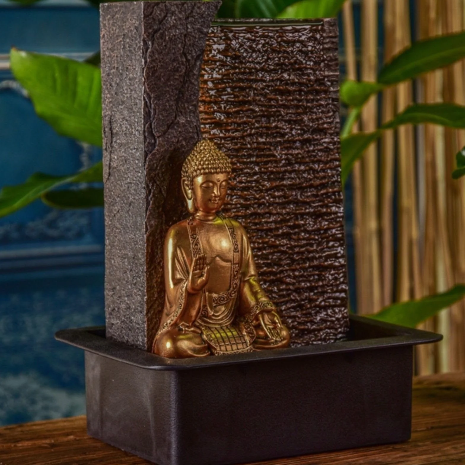 Fontaine d'Intérieur Bouddha Zen'Light Jati H 40cm avec Bandeau LED Jaune et Pompe Silencieuse