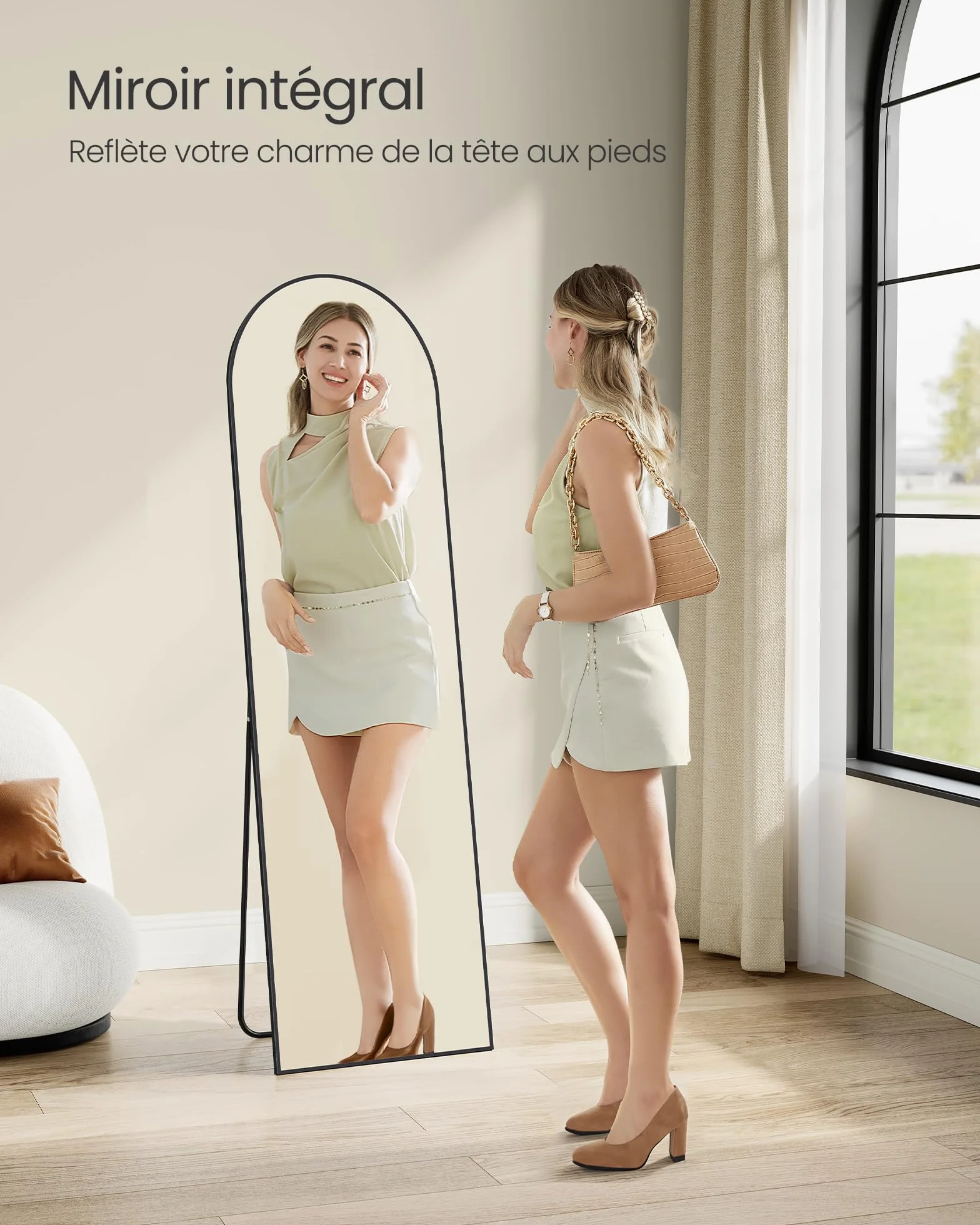 SONGMICS Miroir Intégral 160 x 50 cm Miroir Arqué sur Pied Cadre Alliage Aluminium Verre Trempé Noir