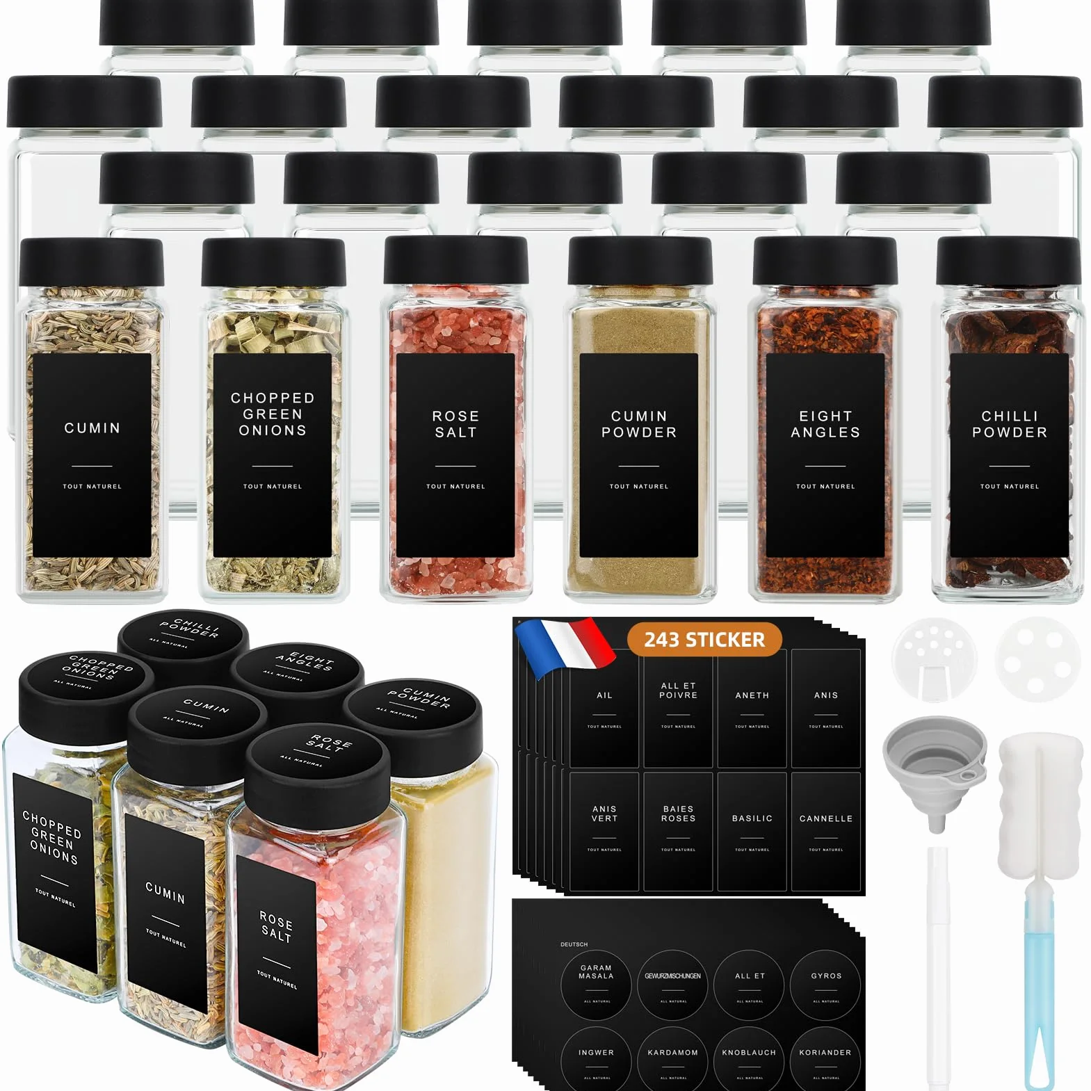 Bocaux à Épices 24 Pièces en Verre 120ml avec Tamis, Étiquettes Françaises et Entonnoir