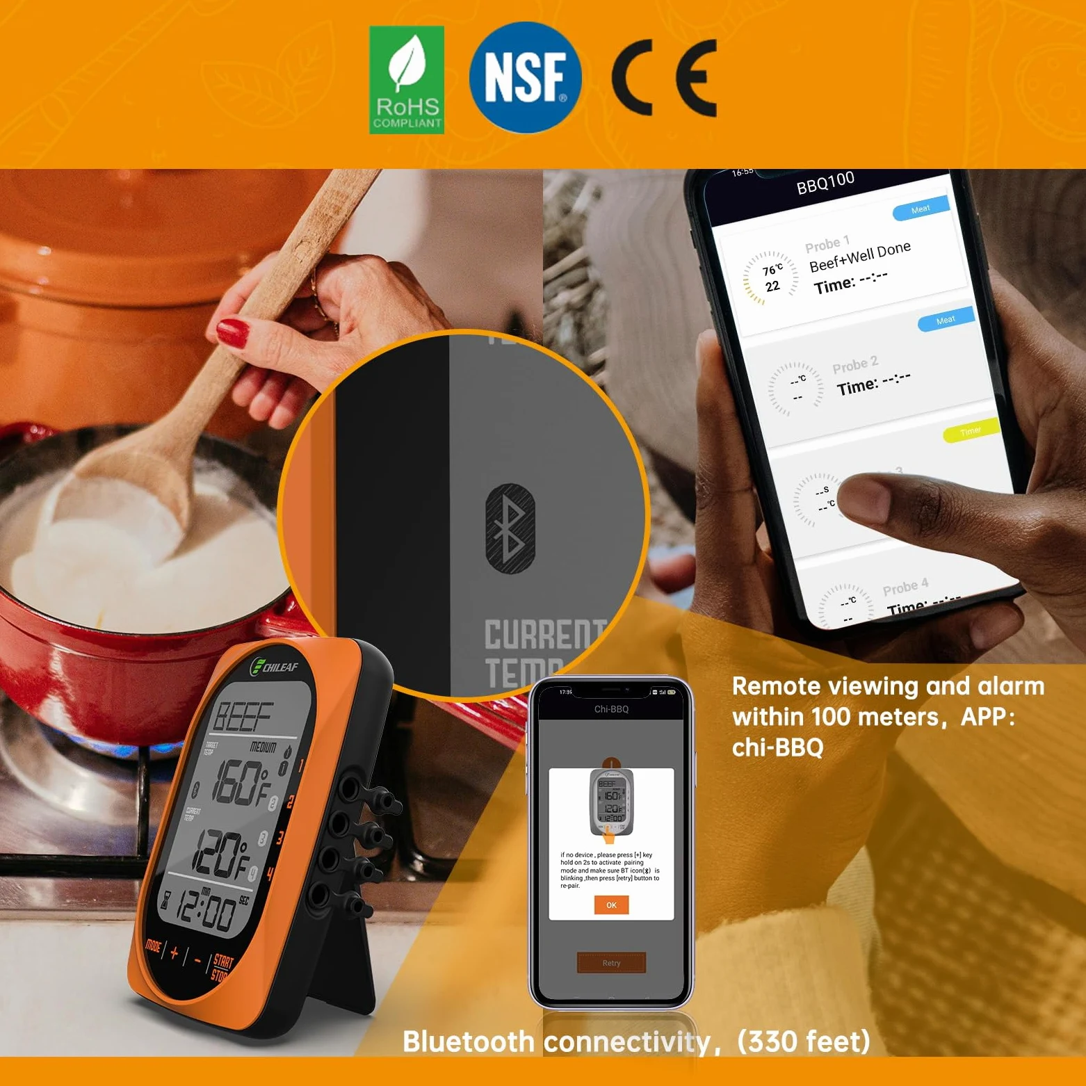 Meat Thermomètre numérique instantané avec 4 modes d'échantillons de mode temporisation pour barbecue, bonbons, aliments et fumoirs