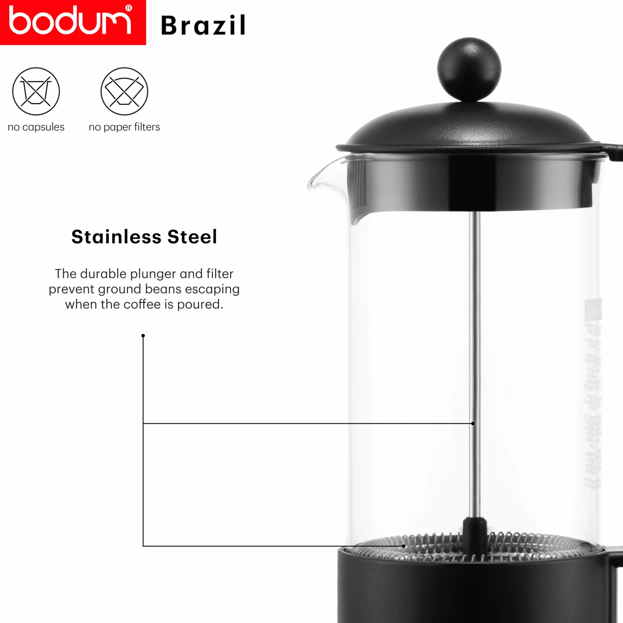Bodum Cafetière à Piston Brazil 1L Verre Résistant Filtre Acier INOX