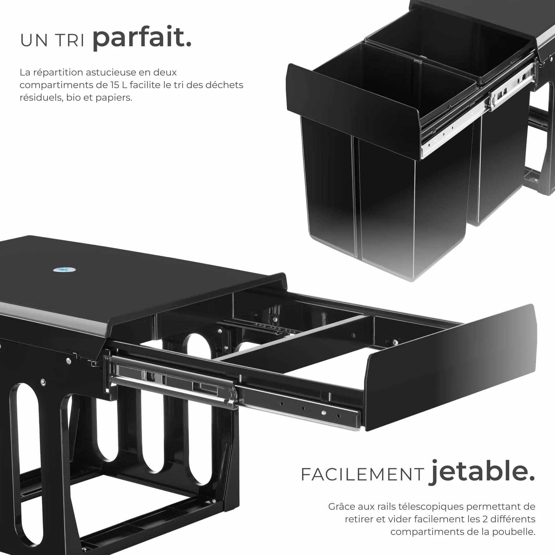 Poubelle de tri selectif 2 compartiments 2x15L 30 litres Noir pour Meuble de cuisine
