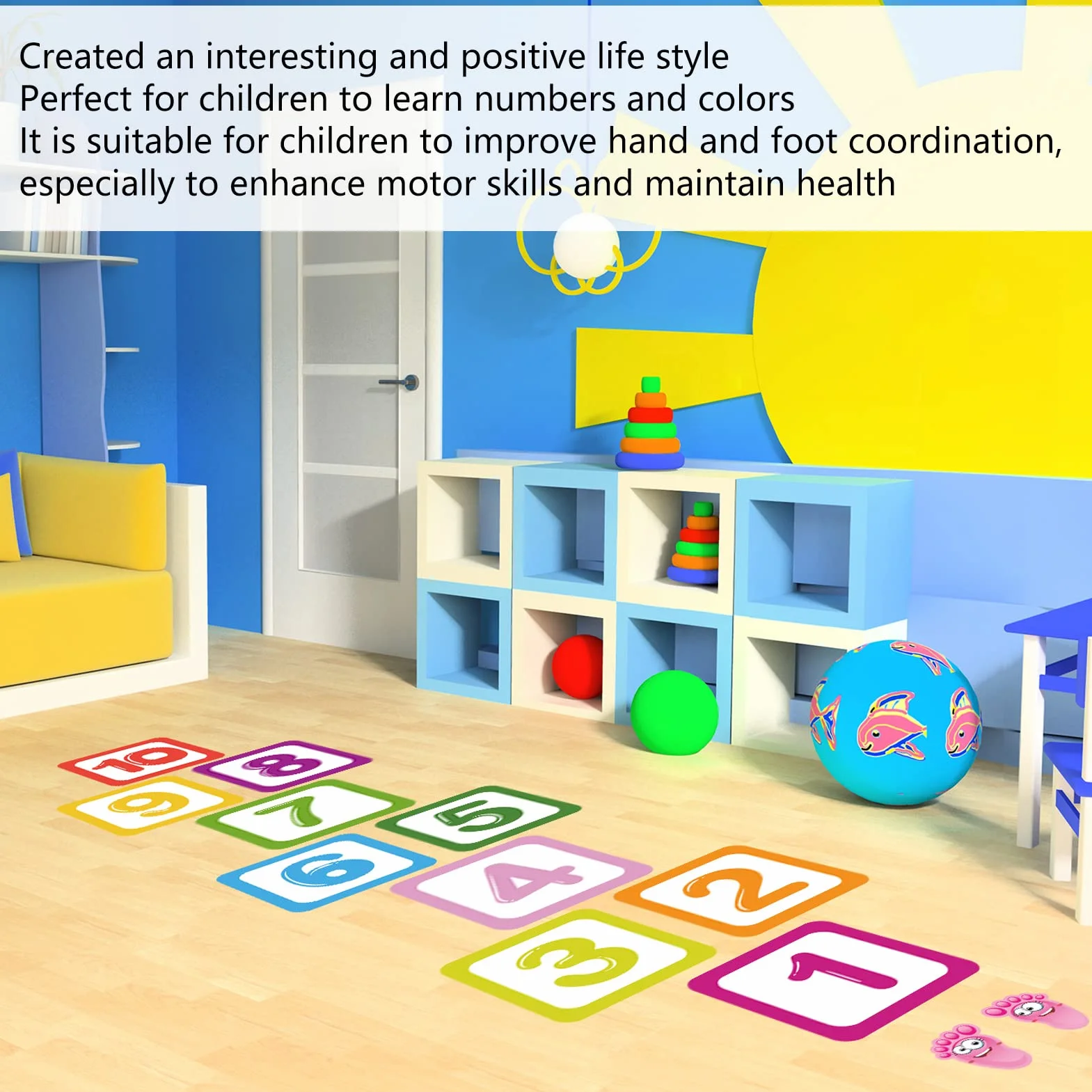 Tapis de Marelle Imperméable pour Enfant, 10 Chiffres Puzzle, Autocollant Mural de Sol, Décoration Chambre Bébé