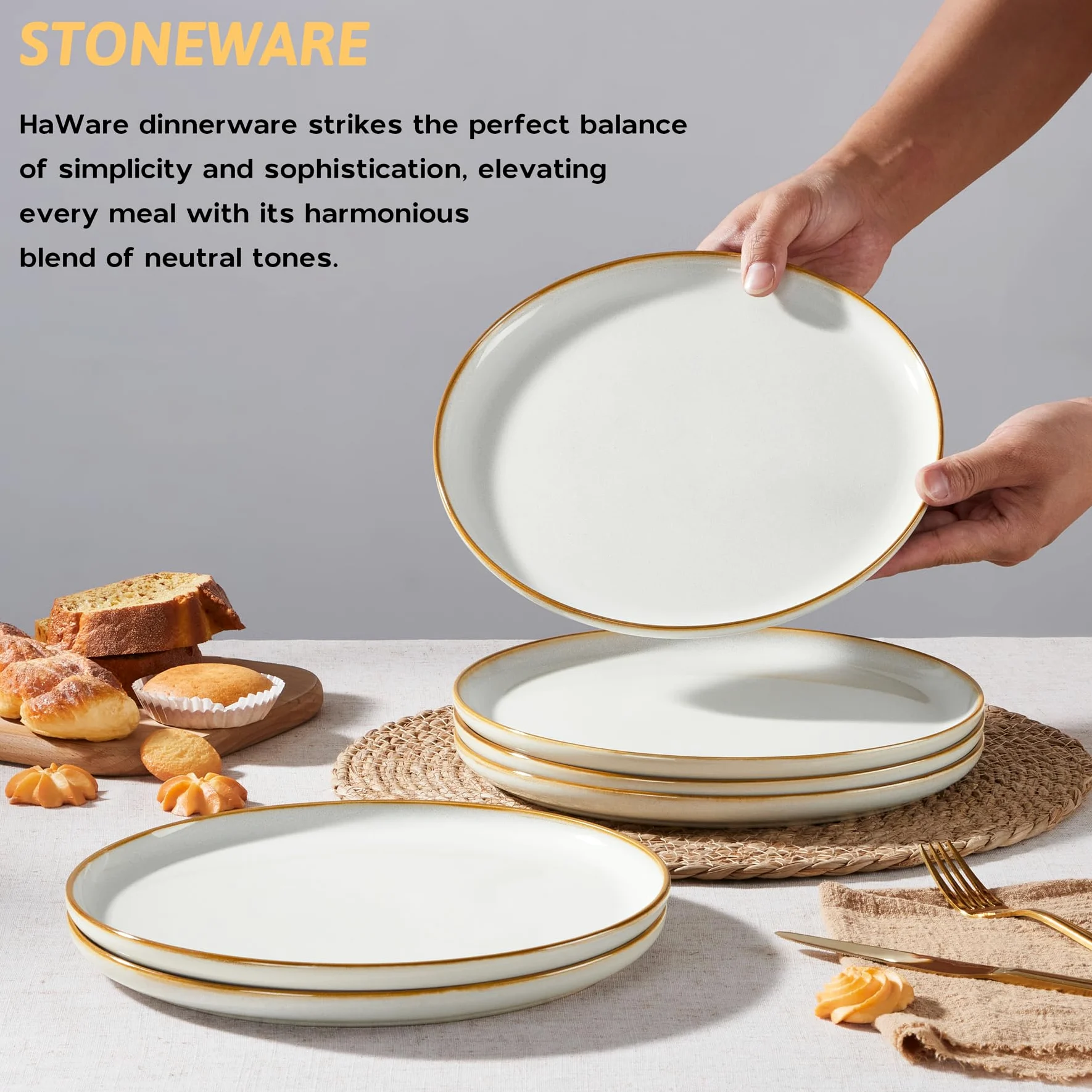 HaWare Lot de 6 grandes assiettes rondes en céramique émaillée réactive de 26,7 cm pour maison, restaurant, résistantes aux éclats et aux rayures, passent au micro-ondes et au lave-vaisselle, blanc