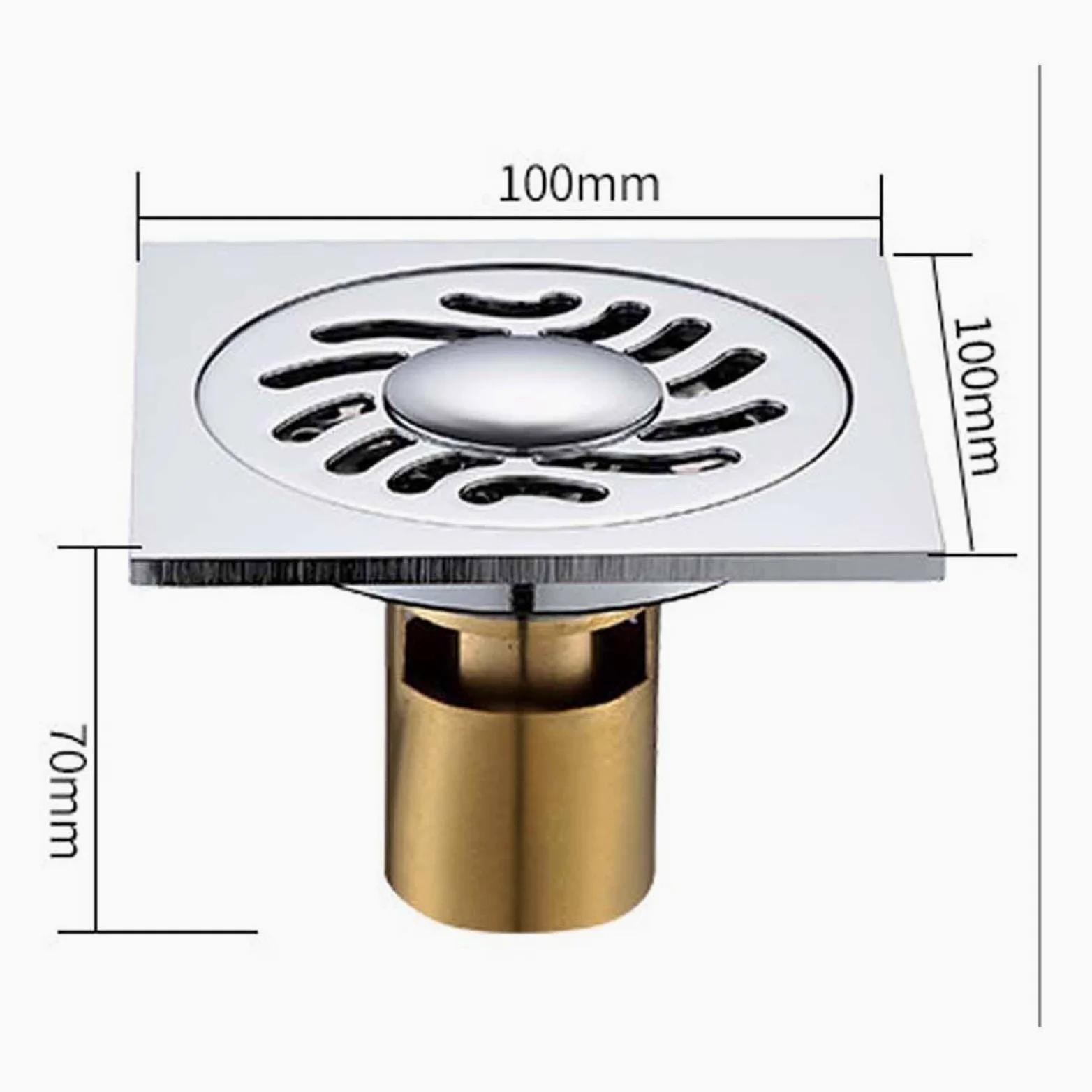 Bonde Douche Laiton Siphon Douche Placage Bonde de Douche Joint d'eau Profonde Bonde Douche Extra Plate 100 * 100mm Siphon de Sol pour Salle de Bain, Cuisine, Toilettes