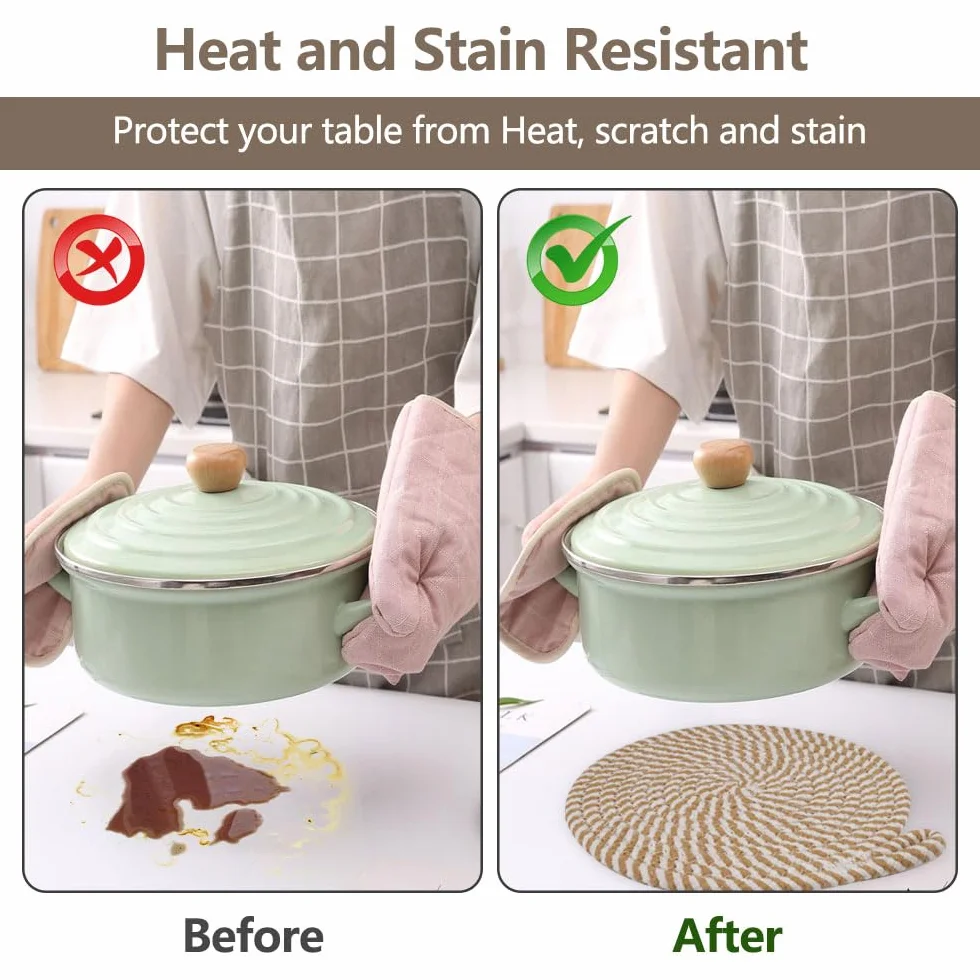 Lot de 4 Dessous de Plats Résistants à la Chaleur 20 cm en Coton Tissé Ronds pour Casseroles Poêles