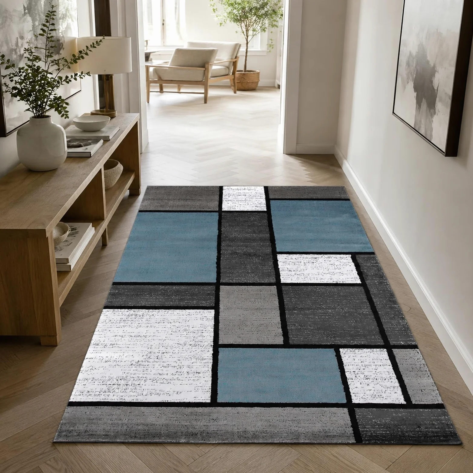 Tapis de décoration, géométrique Moderne Bleu, Gris, Blanc, Noir, 120 x 160 cm, Salon Chambre Design Moderne Salle à Manger Cuisine Chevet canapé, Rug for Living Room