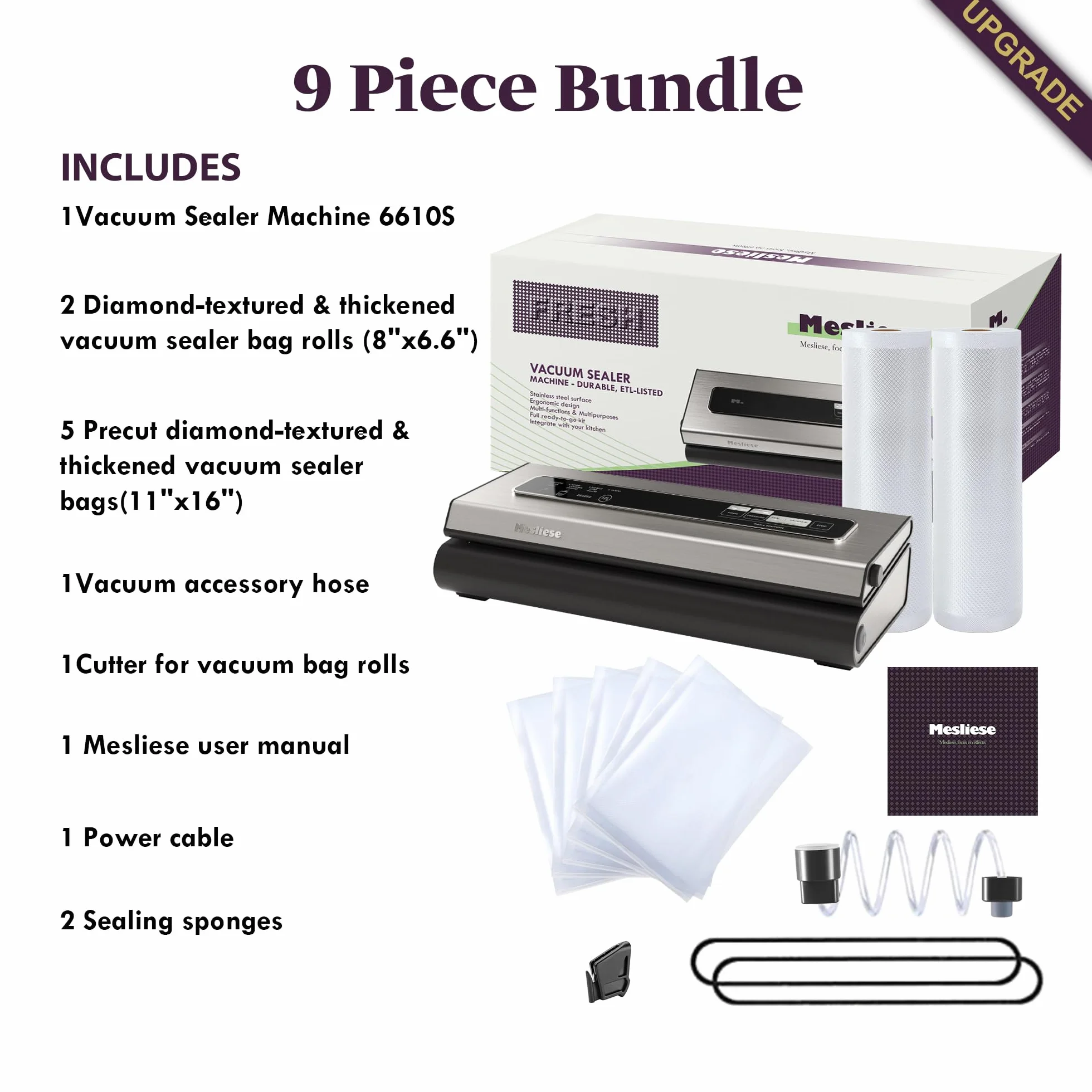 Machine Sous Vide Alimentaire 90Kpa 6-en-1 Compact, 2 Rouleaux Sac 5 Sacs Prédécoupés Modes Sec Humide Argent