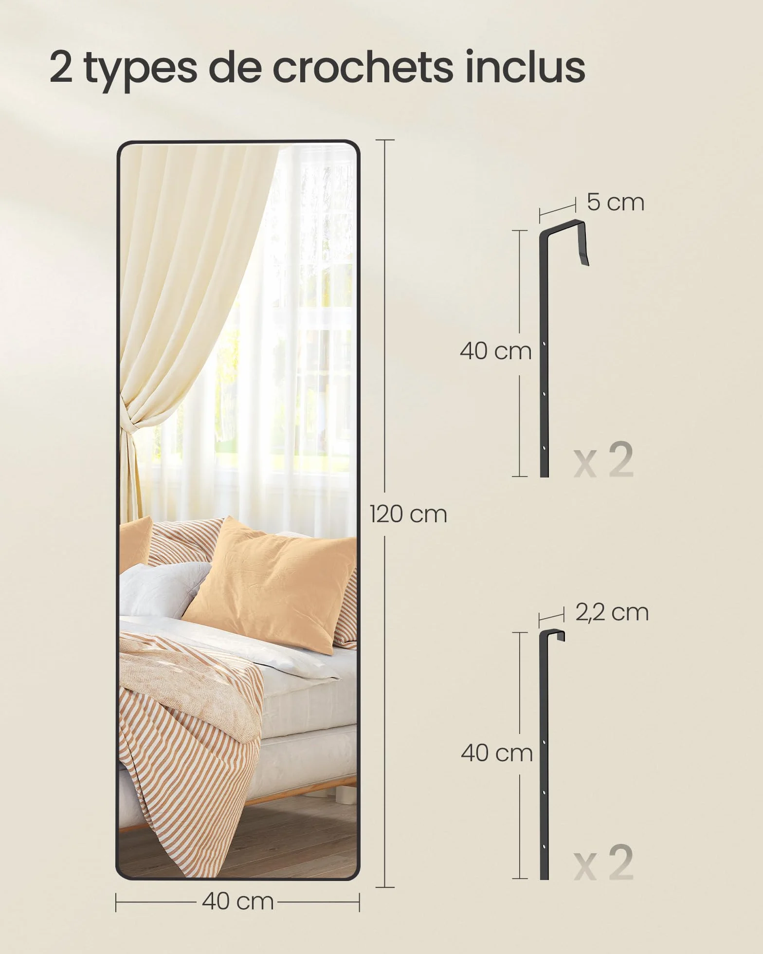 SONGMICS Miroir Intégral Suspendu 120 x 40 cm Cadre en Alliage d'Aluminium Verre Trempé Noir d'encre LFM032B01