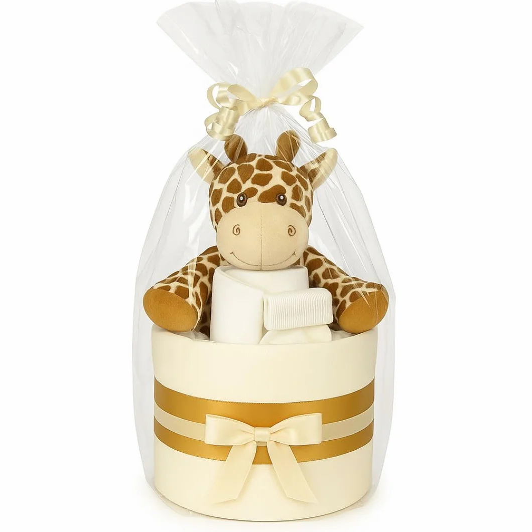 Gâteau de couches neutres unisexe – Mousseline carrée enveloppante 9 couches, bavoir, chaussettes et girafe en peluche douce