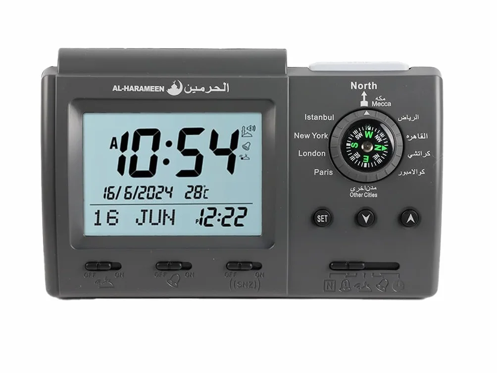 Horloge de table islamique Azan Alarme de prière musulmane numérique direction Qibla 3005 Noir